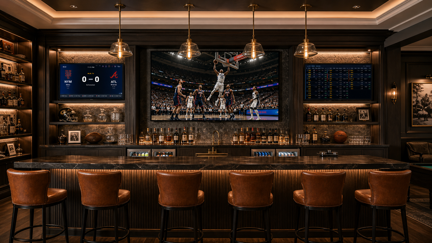Luxury home sports bar featuring SportsBox across multiple displays